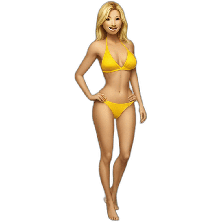 Sexy pose soft-fit Caucasian woman yellow bikini (beach body) bed realistic emoji