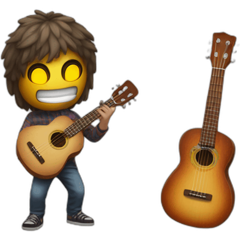 A guy with a ukelele and a led mask with 2 eyes emoji