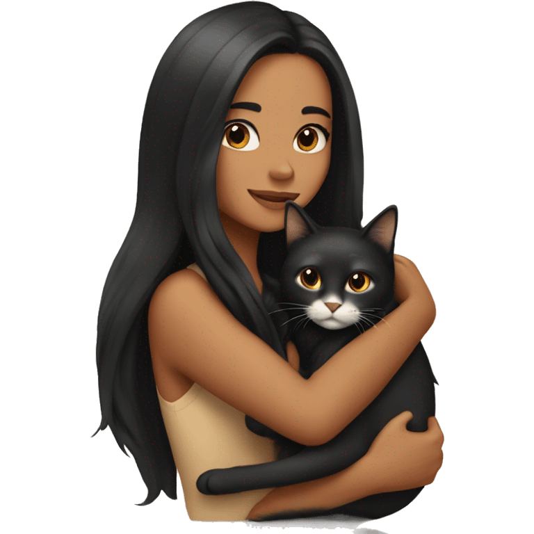 pretty woman with very long black hair and caramel skin hugging a cat emoji