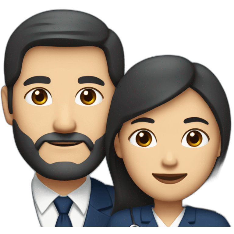 husband middle aged executive classic dark hair thin beard wearing dark blue business suit and bible, with wife filipina nurse age 55 dark hair emoji