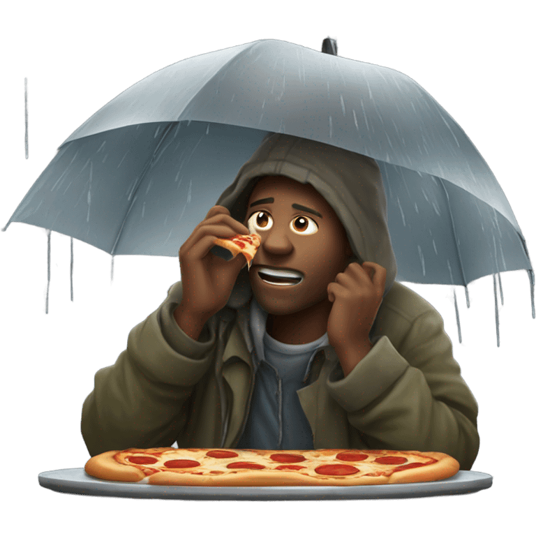 homeless man eating a pizza in the rain emoji