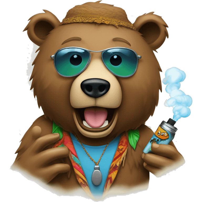 a hippy snazzy cut bear vaping and vape coming out from both its ears. emoji