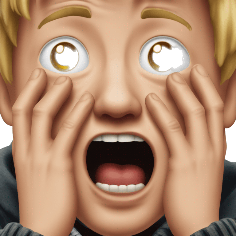 kevin McCallister from Home Alone, putting both hands on his face and screaming of fear. bring the hands down lik he is putting on his cheeks. emoji