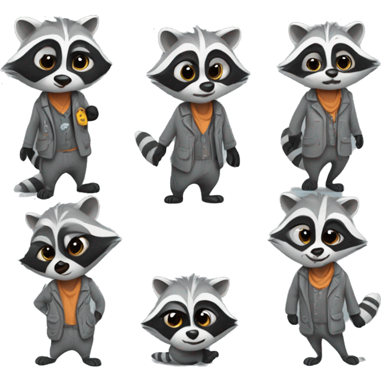 Drawn Gray Raccoon with different emotions in different clothes, full-length emoji