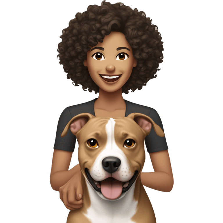 light skin woman with curly black hair expressing joy alongide a brown and white pitbull emoji