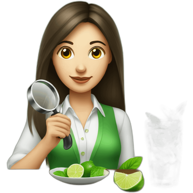 brunette girl with left magnifying glass and right mojito emoji