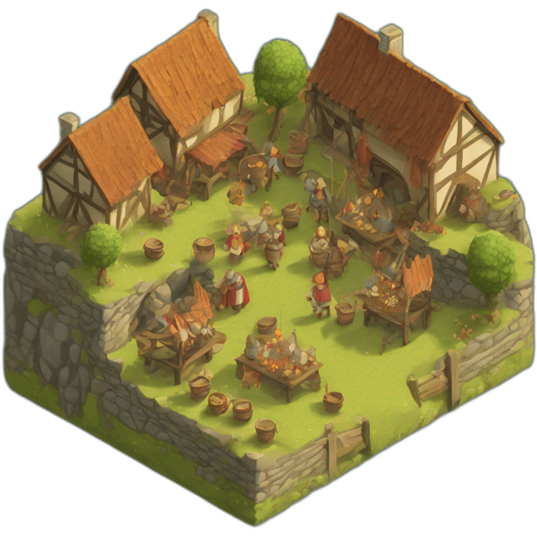 isometric view of a medieval village, festival mood, celebration emoji