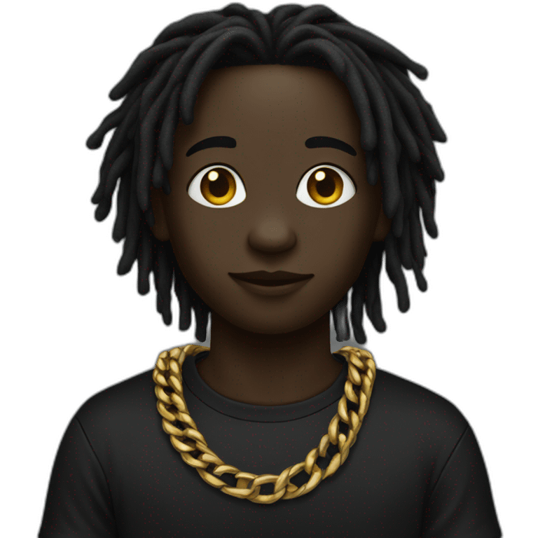 A dark skin boy with dreads black shirt wearing a gold chain emoji