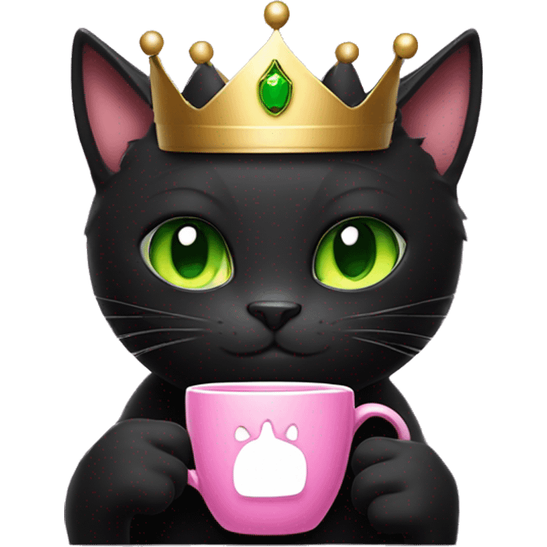 Black Cat with green eyes with crown on it’s head holding cup of coffe with it’s paw with pink nails emoji