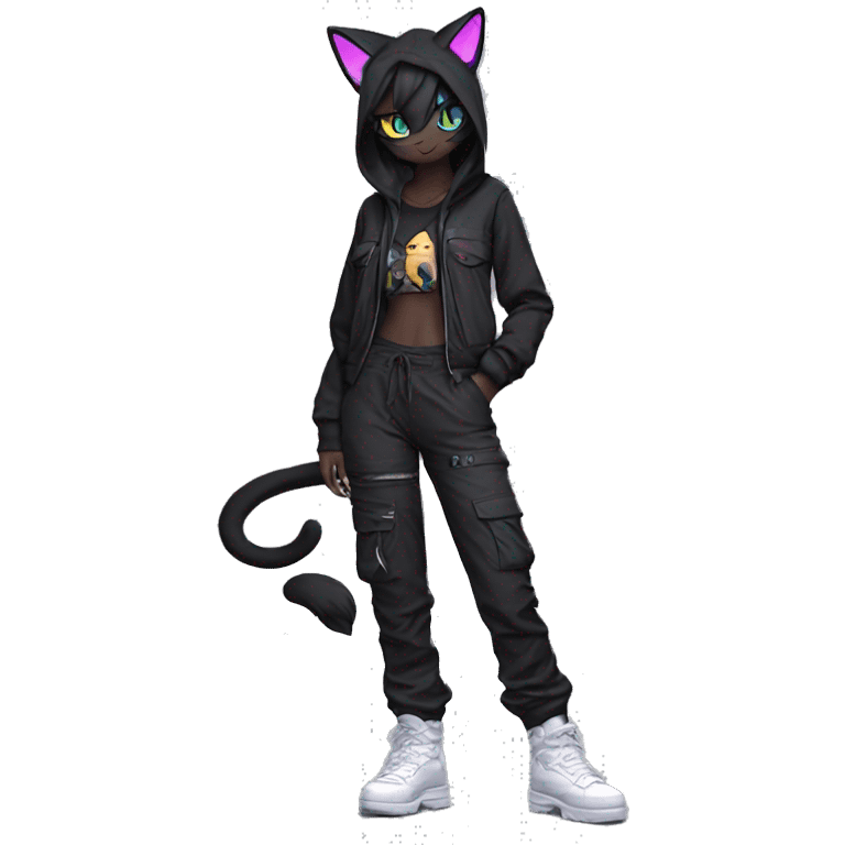 Edgy Anthro cool shy colorful urban beautiful pretty anime Black cat-Pokémon-fursona techwear cargo pants hoodie emoji