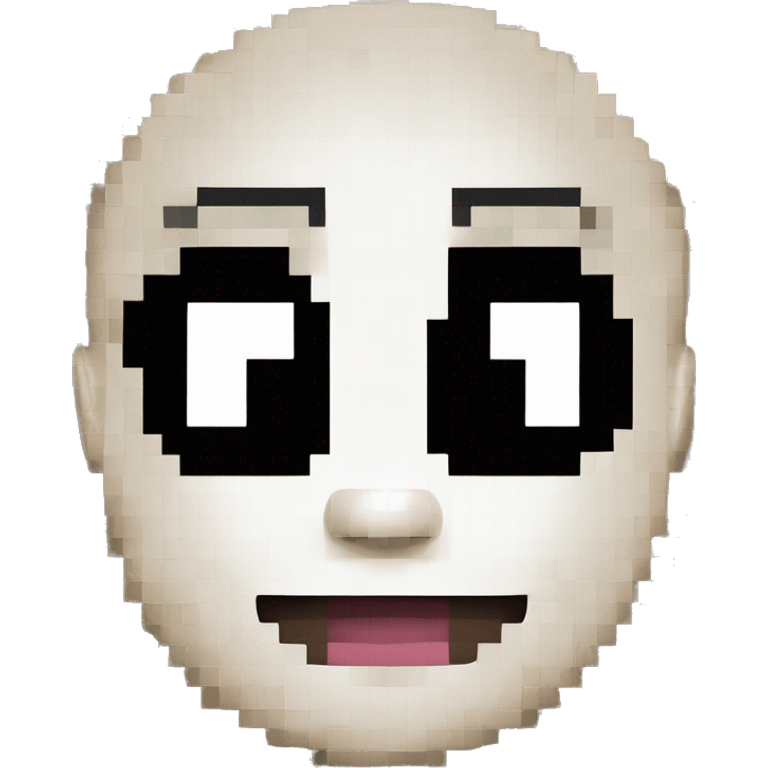 The image depicts a pixel art representation of a face, resembling Sans from the game "Undertale." The face has large, square eyes with white pupils, a triangular nose, and a wide, toothy smile. It's pixelated emoji