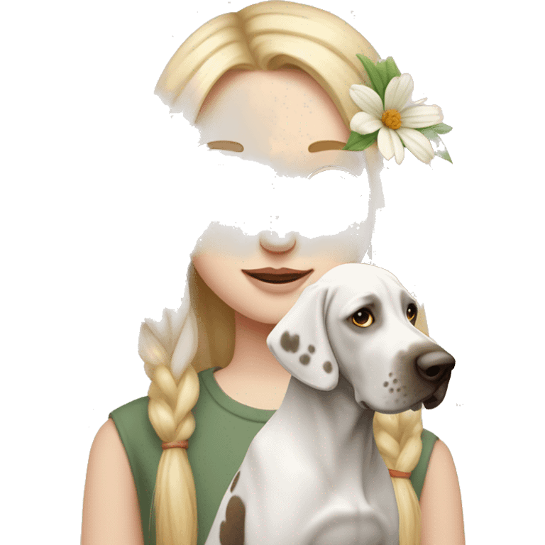 pale skin girl with blue eyes with long blonde hair that has a flower in her hair  holding a English pointer mixed with a lab dog the dog also has a flower in its hair emoji