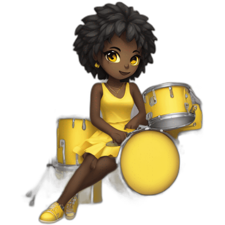 cute punk girl in yellow dress dark skin with yellow eyes and dark curvy hairs drummer anime style emoji