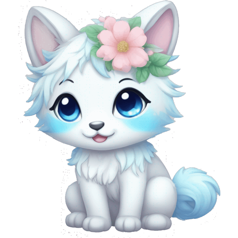 Anthro Cute Cool Blushing Pastel Innocent Shy Kawaii gorgeous sparkly ethereal fantasy animal creature with blue eyes furry sona with flowers and ribbons beautiful aesthetic emoji