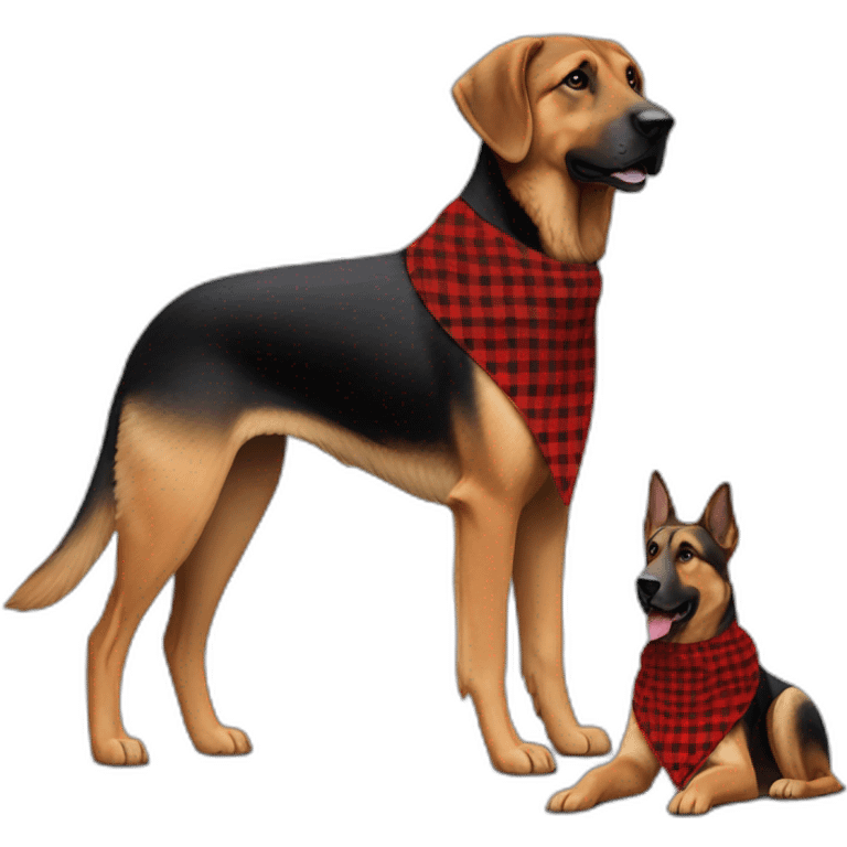 75% Coonhound 25% German Shepherd mix dog wearing small pointed red buffalo plaid bandana side view full body facing left emoji