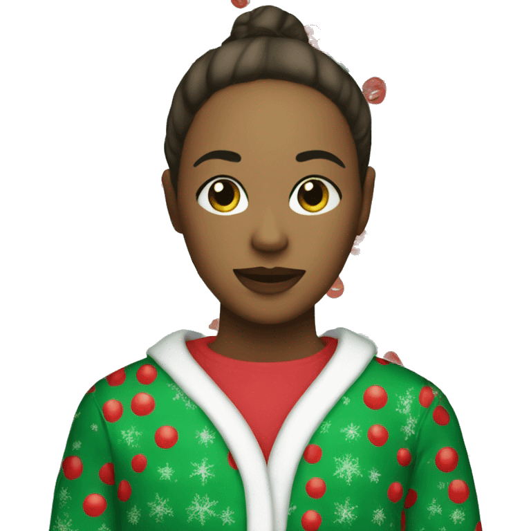 Girl with face mask and Christmas pjs emoji