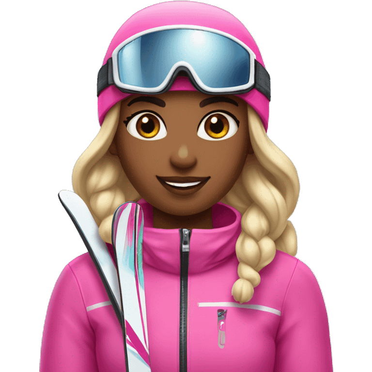 Black Skier girl with long hair in pony tail, black eyes and pink gear show skis and legs  emoji