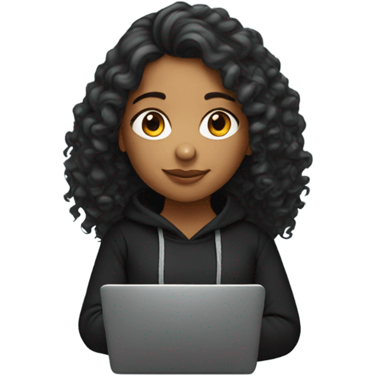 indian girl  with curly shoulder length hair wearing black hoody with laptop emoji