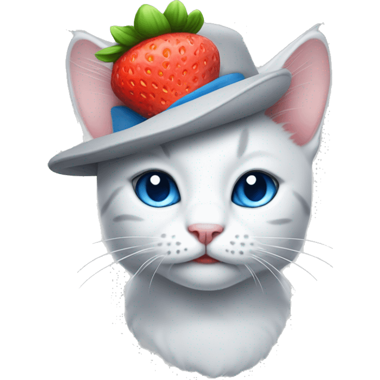 white/gray cat with nice strawberry hat and big blue eyes emoji