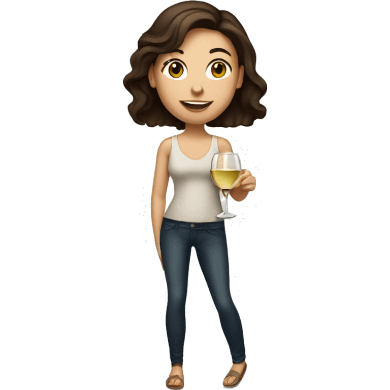 white girl with dark brown hair holding huge glass of white wine emoji