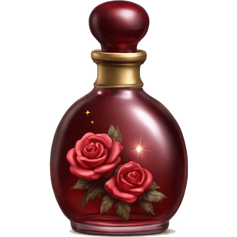 Dark red magic fairy light sparkling old Antique oil perfume bottle with herbal and rose flowers emoji