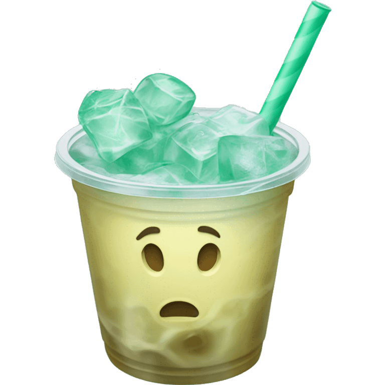 Realistic plastic cup and lid with Transluscent mint green and large ice cubes inside and one straw through the top of the lid. emoji