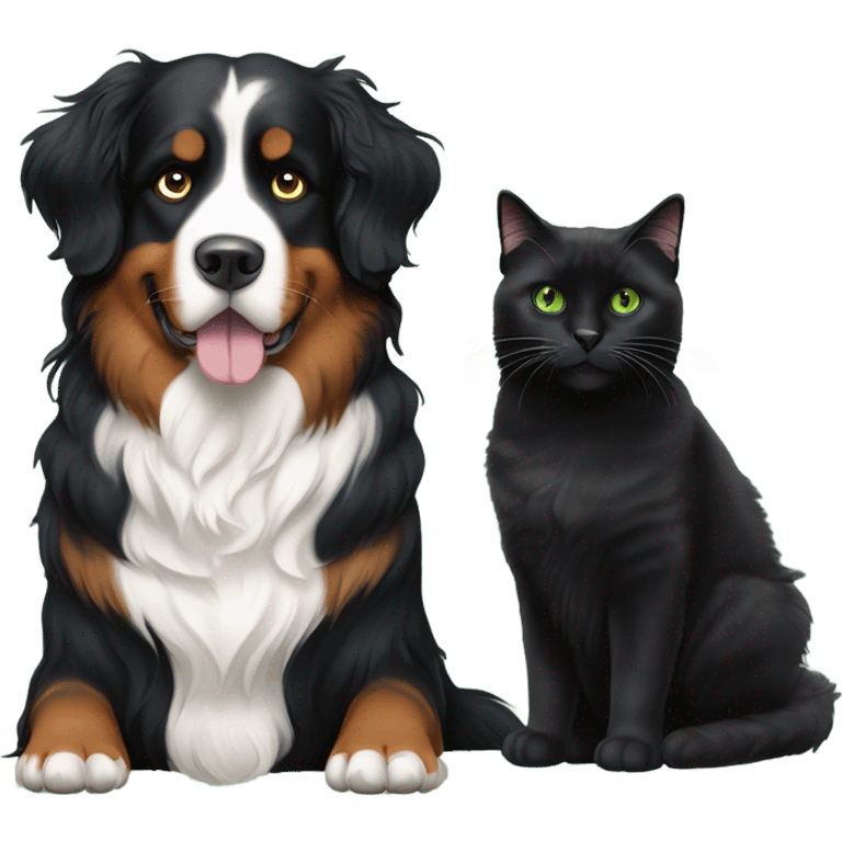 Bernese mountain dog sitting next to a long haired black cat with green eyes emoji