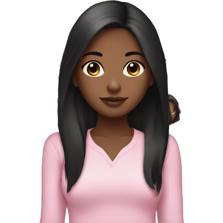 brown skin girl with dark brown eyes. long straight black hair and a baby pink long sleeve shirt emoji