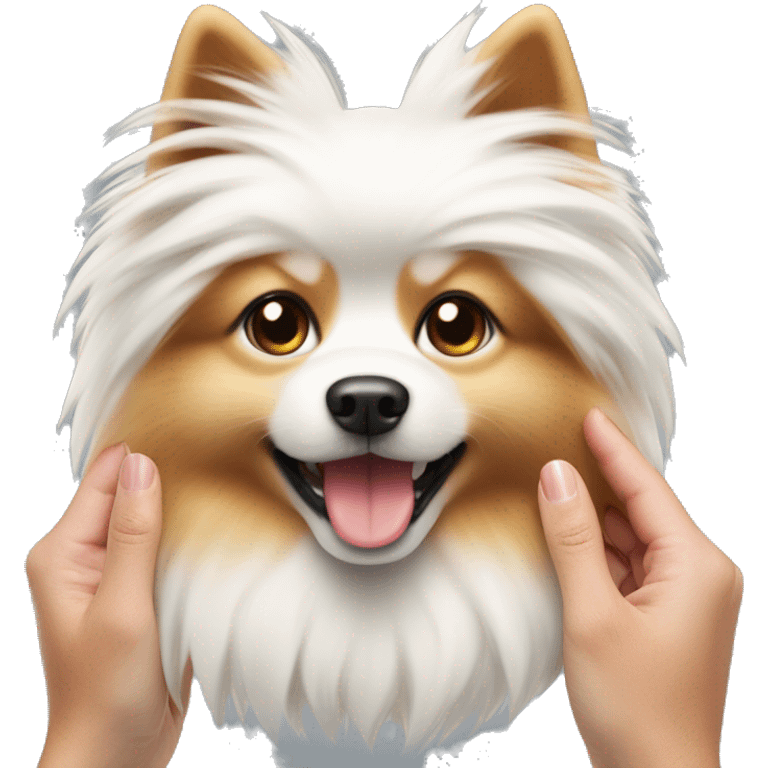 Spitz dog white red, in the hands of a girl with long blond hair emoji