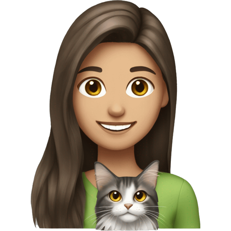 smiling straight brunette hair girl with Maine coon cat emoji