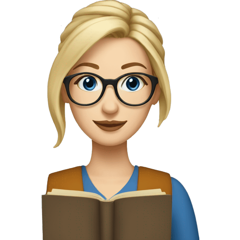 Woman librarian blonde hair In a Bun brown glasses blue eyes with a book emoji