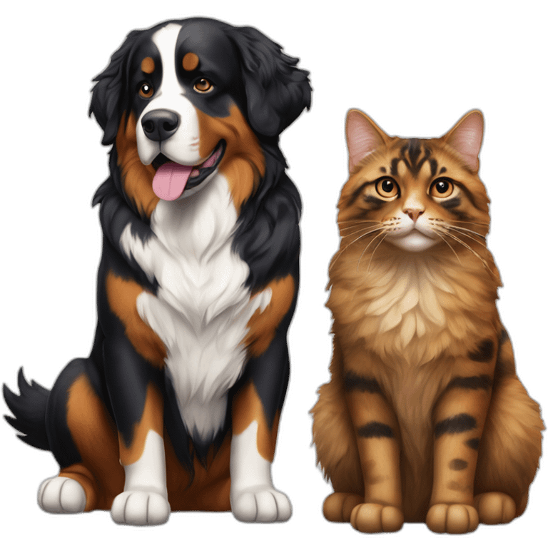 A Bernese dog next to A tortoiseshell cat without white emoji