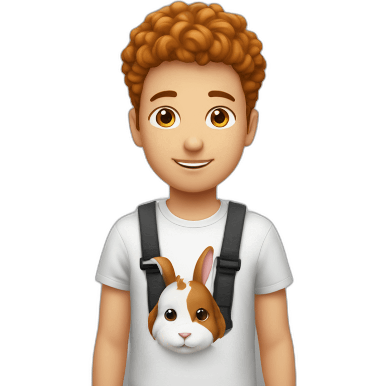 Garçon avec cheveux bouclé roux avec un lapin noir et blanc emoji