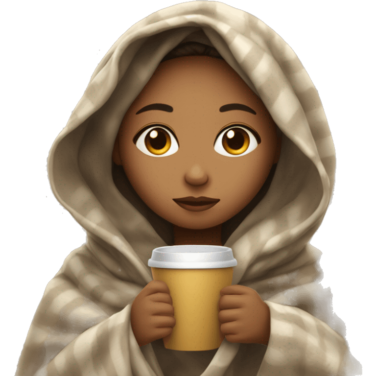 girl inside a blanket sipping coffee eyes look closed with a light skin emoji