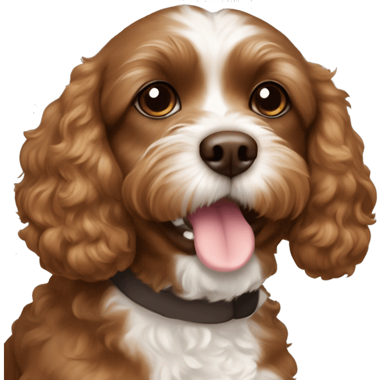 brown cavapoo with white spot around the nose and on the chest, with brown eyes on emoji