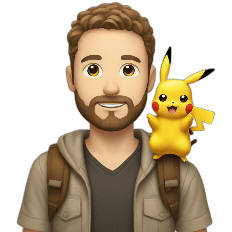 white man with brown hair and beard holding a pikachu pokemon emoji