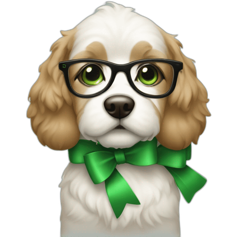 bege-and-white-dog-with-green-eyes-and-glasses-and-green-bow emoji