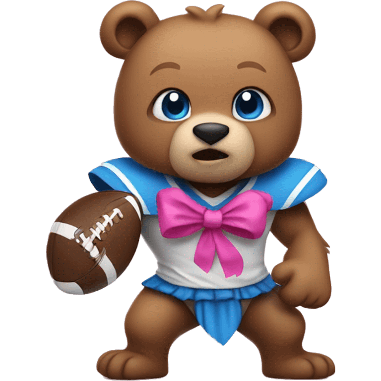 Warrior bear with blue eyes playing football with a pink bow emoji