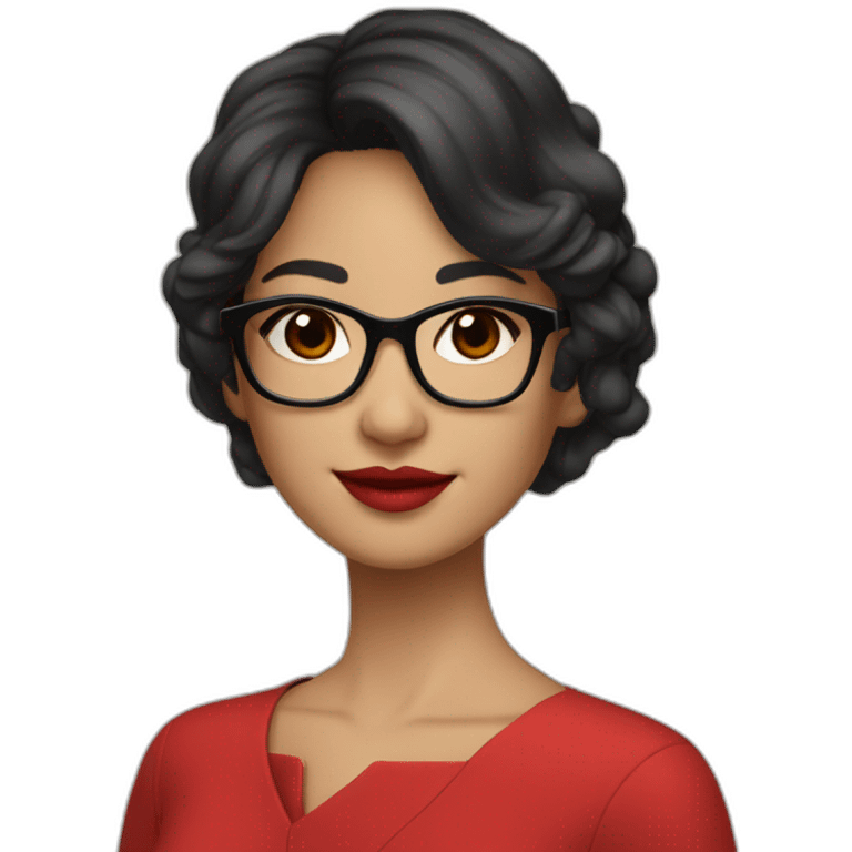 Young woman asiatic teacher, black square hairs, red glasses, red lipstick, red dress, black eyes emoji