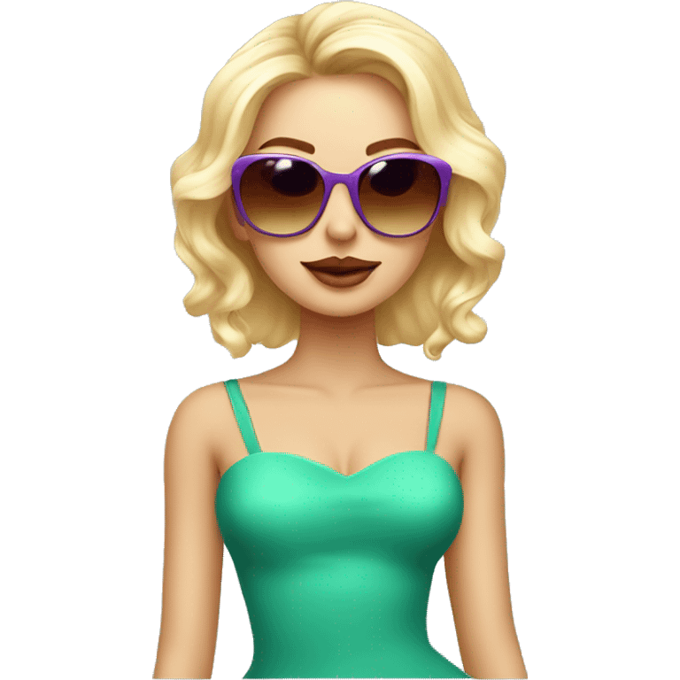 A girl of model appearance, blonde in fashionable sunglasses, with a rich appearance, bright provocative dress and makeup emoji