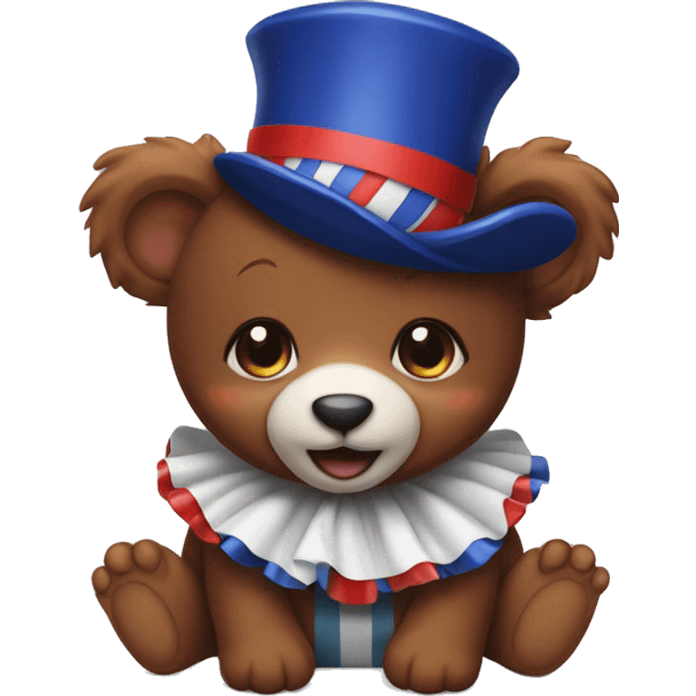 Brown baby bear. Wearing jester collar and a clown hat. The clown accessories are Red, Navy, And white. emoji