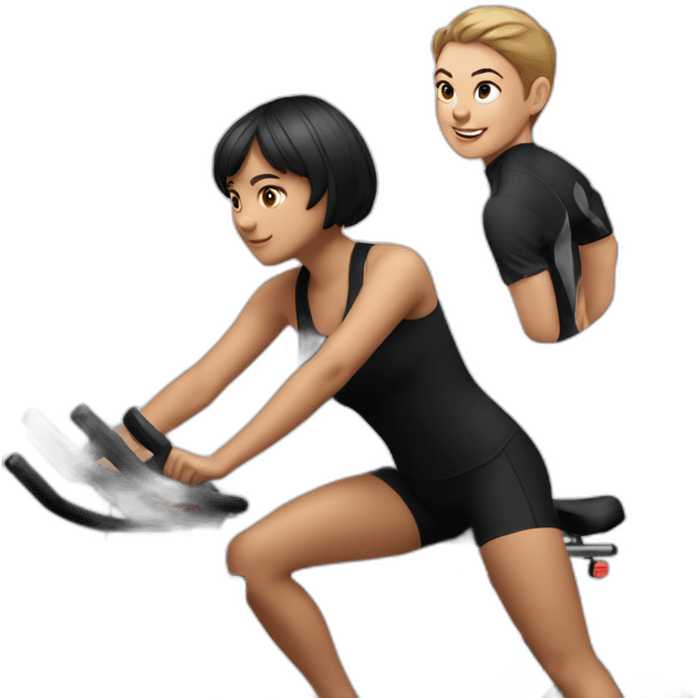 realistic exercise bike and one girl with short hair in black sportswear emoji