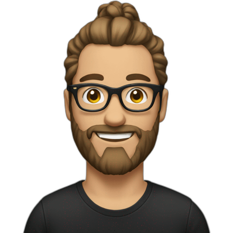 White Man with clear glasses with brown hair and a black tshirt and a man bun and beard emoji