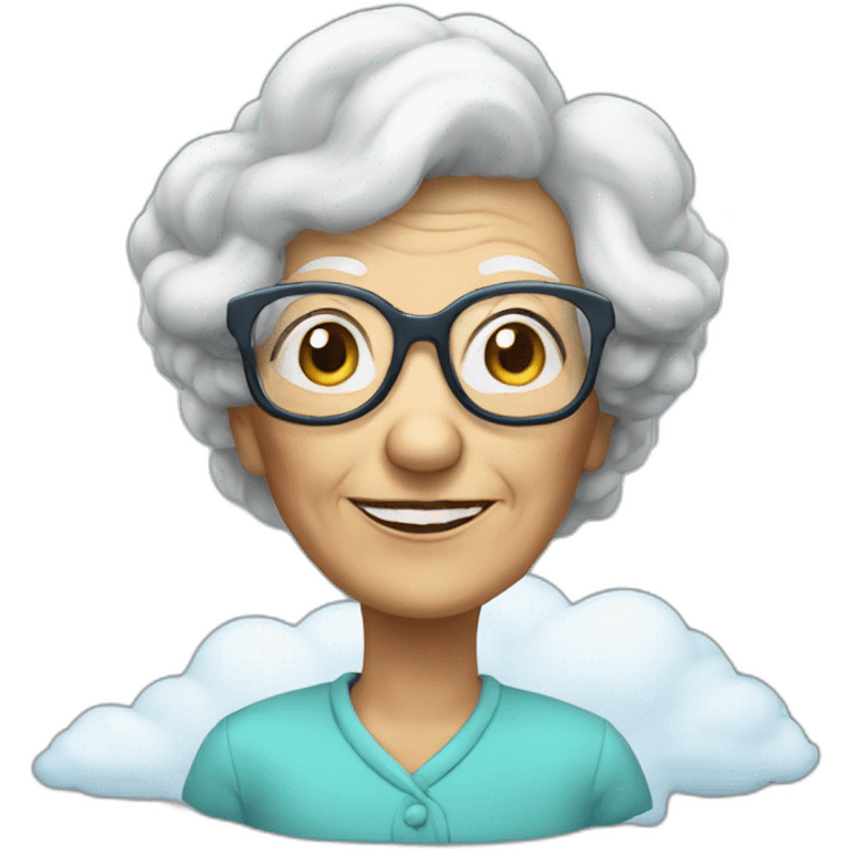 An old lady with glasses sitting on top of the cloud emoji