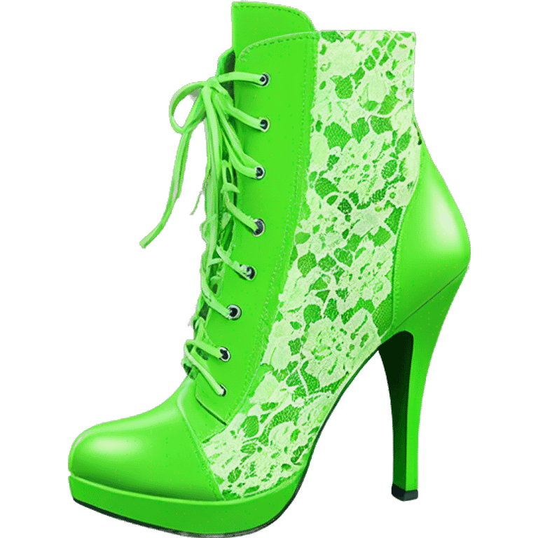 Realistic isolated front view of a pair of lace lime green high heel ankle bootie boots. emoji