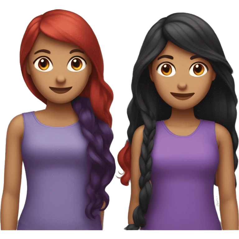 “Create an emoji with three girl friends: one with short purple-red hair, another with long black hair, and the third with long red hair.” emoji