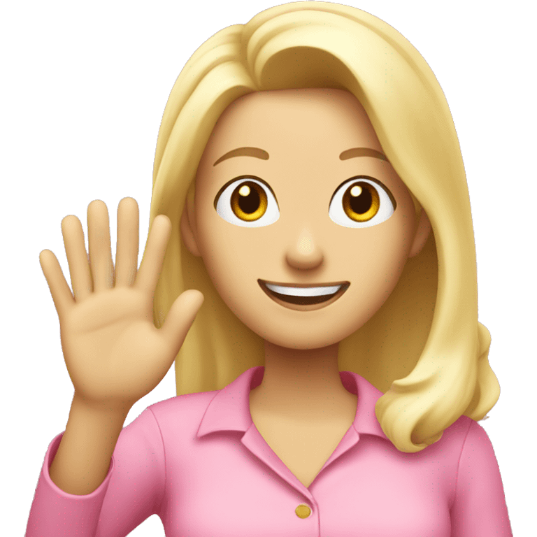 blonde woman in pink blouse smiling and waving her hand emoji