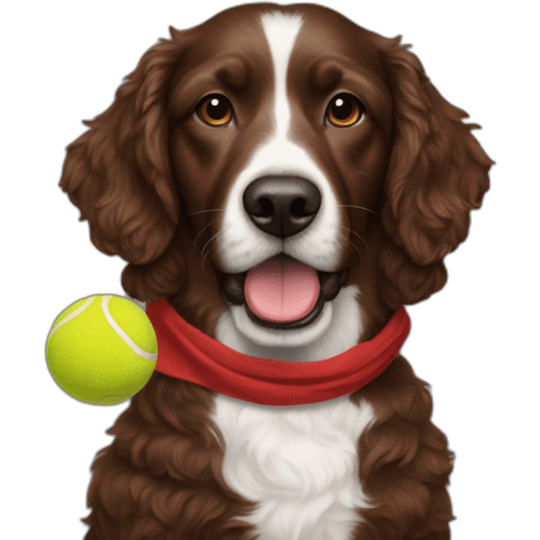 A chocolate colored doodle dog wearing a red and black handkerchief juggling three tennis balls emoji