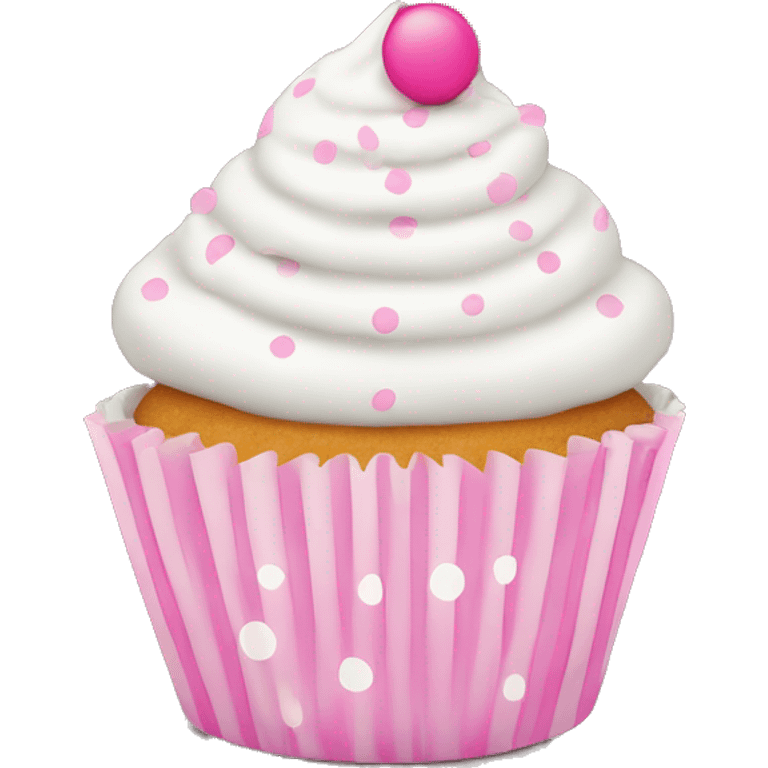 White frosted cupcake with pink polka dot cup liner emoji