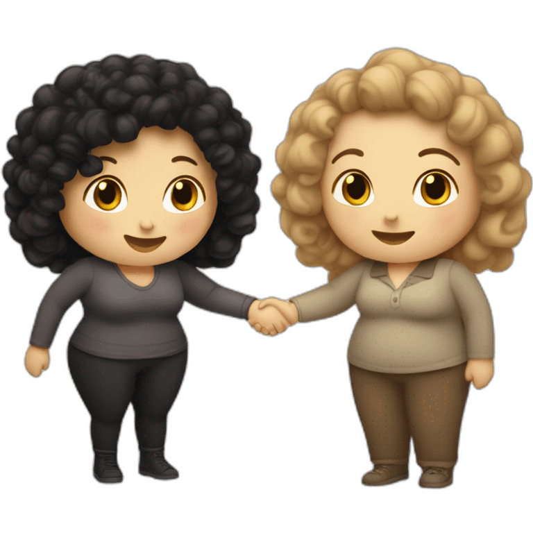 tan chubby woman with black curly hair shakes hands with a chubby pale woman who has straight light brown hair emoji